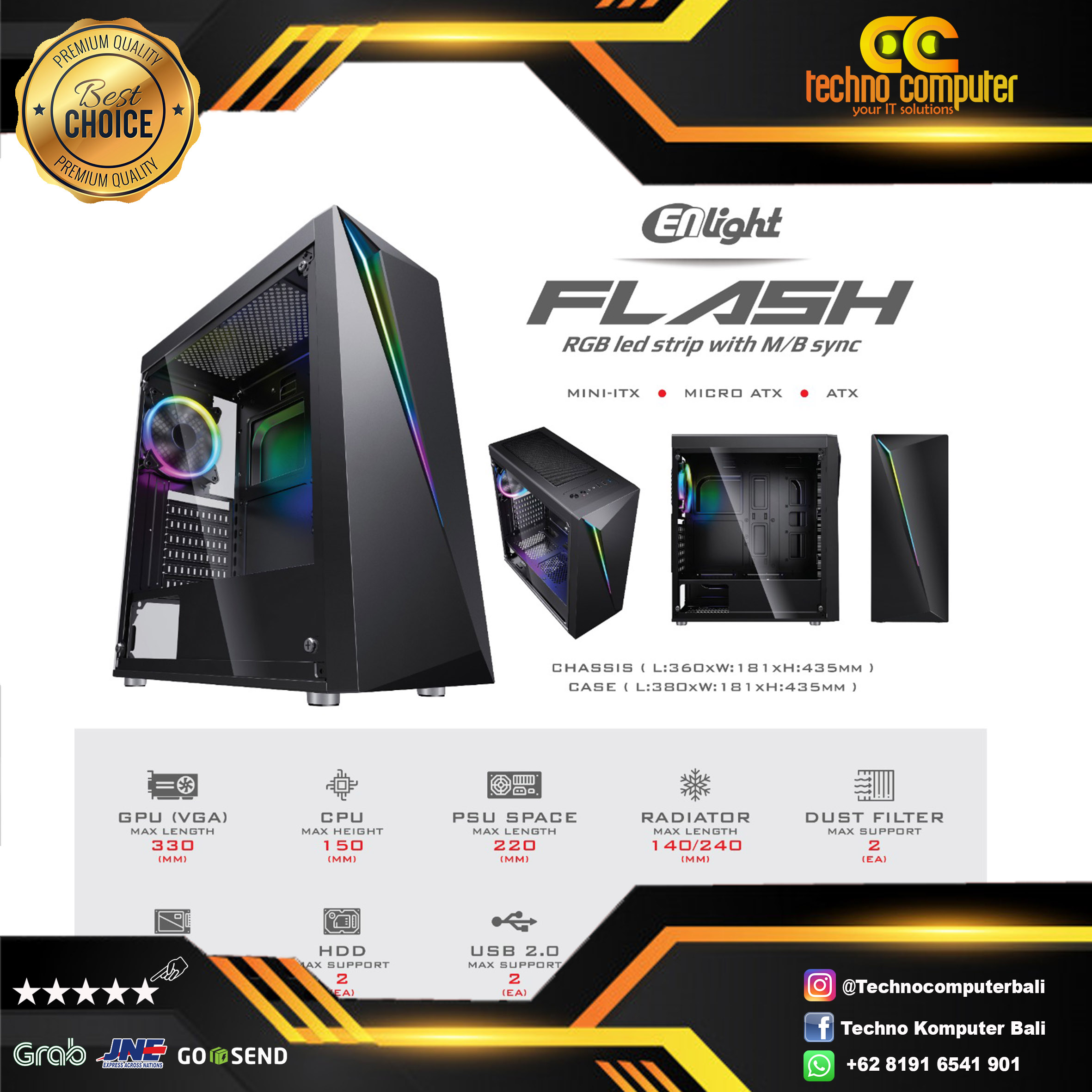 CASING INFINITY FLASH Black - Mid Tower ATX Case Tempered Glass (Free 1x RGB Fan)