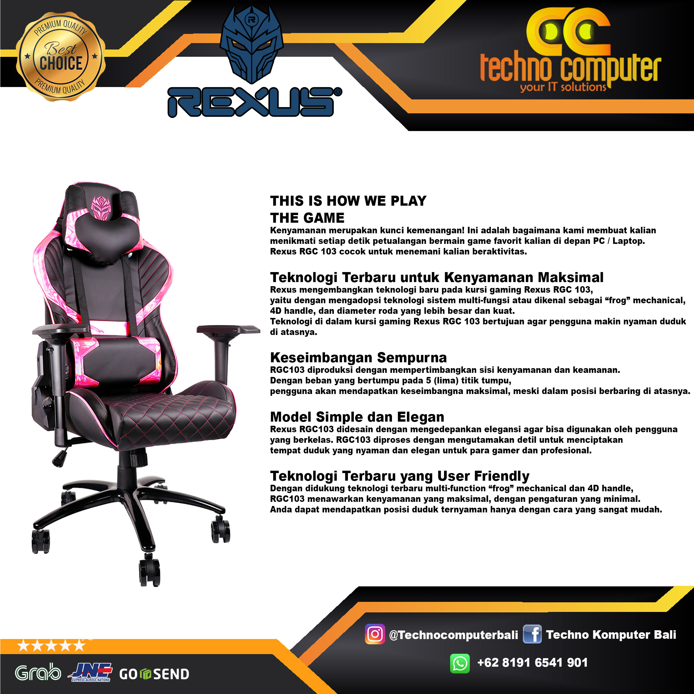 KURSI GAMING REXUS RGC-103 GAMING CHAIR 4D Armrest - BLACK NEON PINK