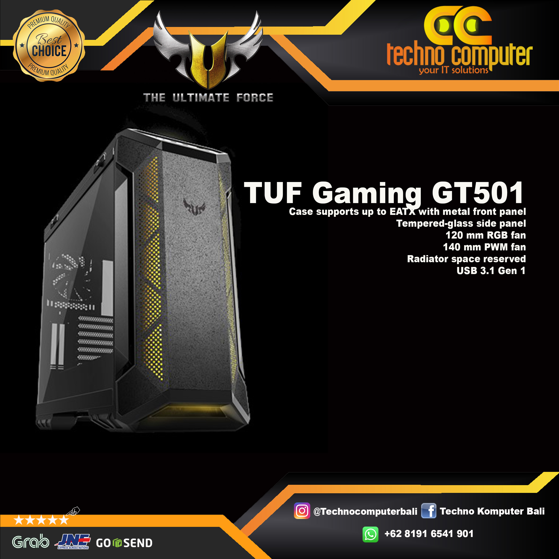 CASING ASUS TUF GAMING GT501 - Mid Tower E-ATX Case Tempered Glass (Free 3x ARGB Fan)