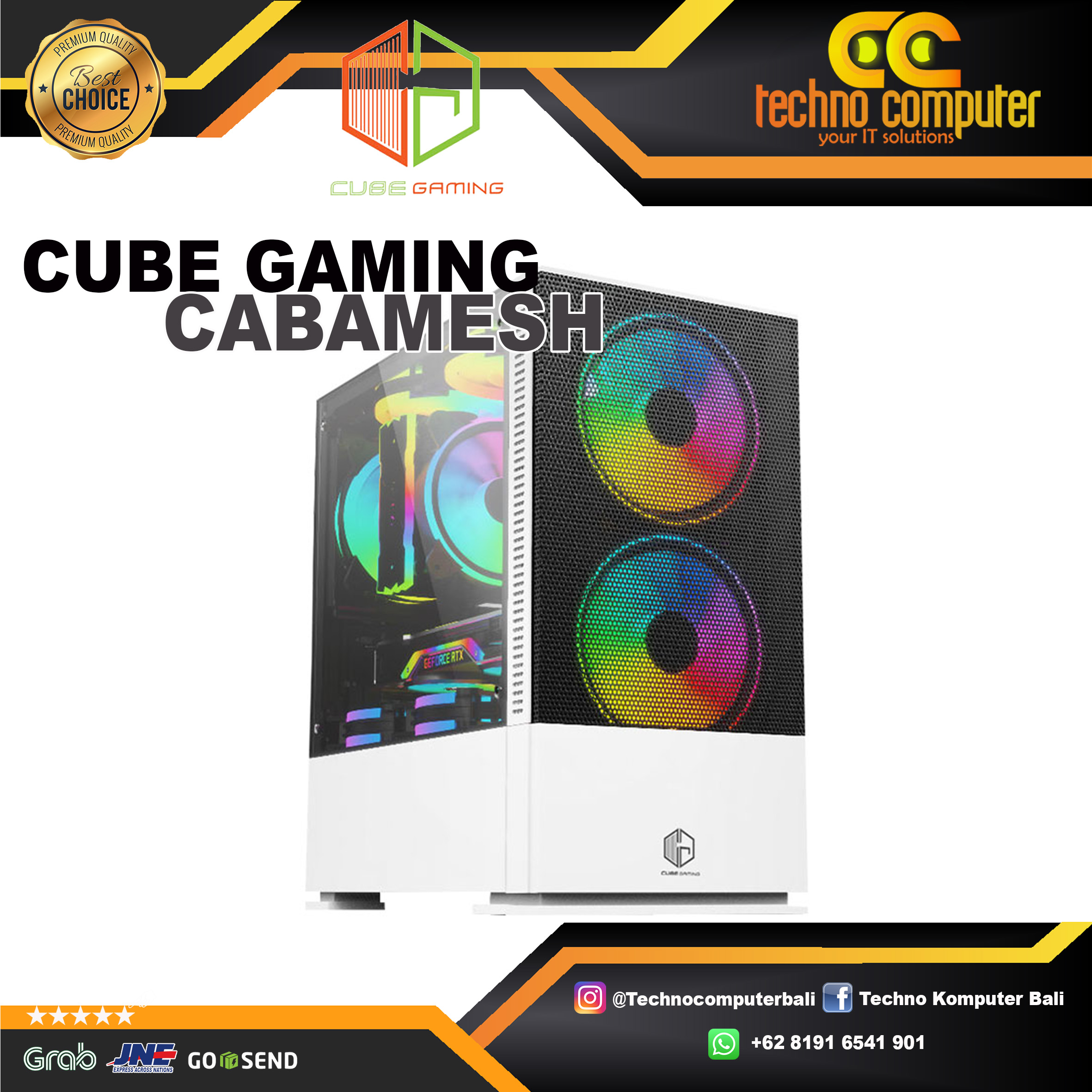 CASING CUBE GAMING CABAMESH WHITE - FREE 2 PCS RGB FAN - SIDE TEMPERED GLASS