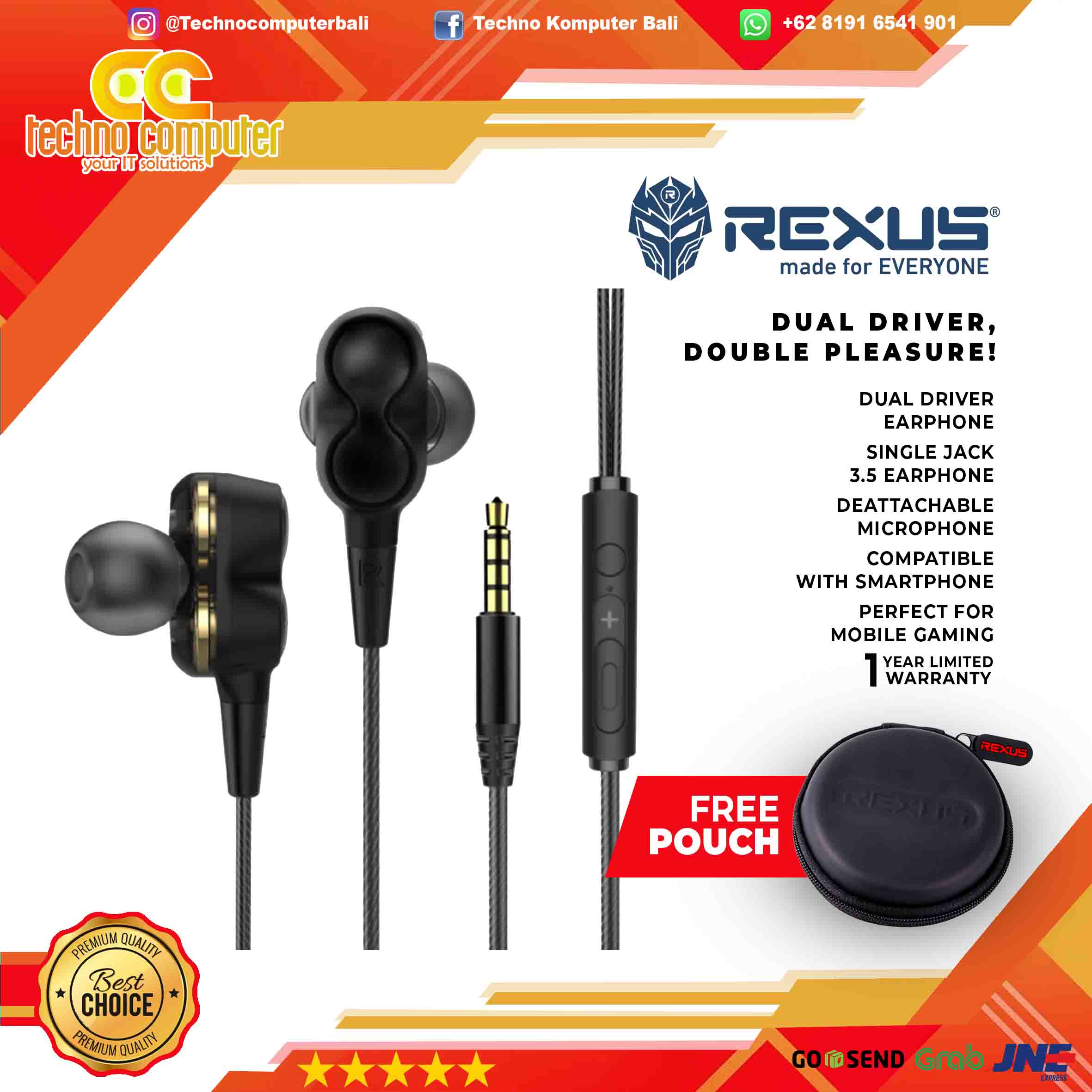 EARPHONE REXUS EP3 WHITE FREE POUCH