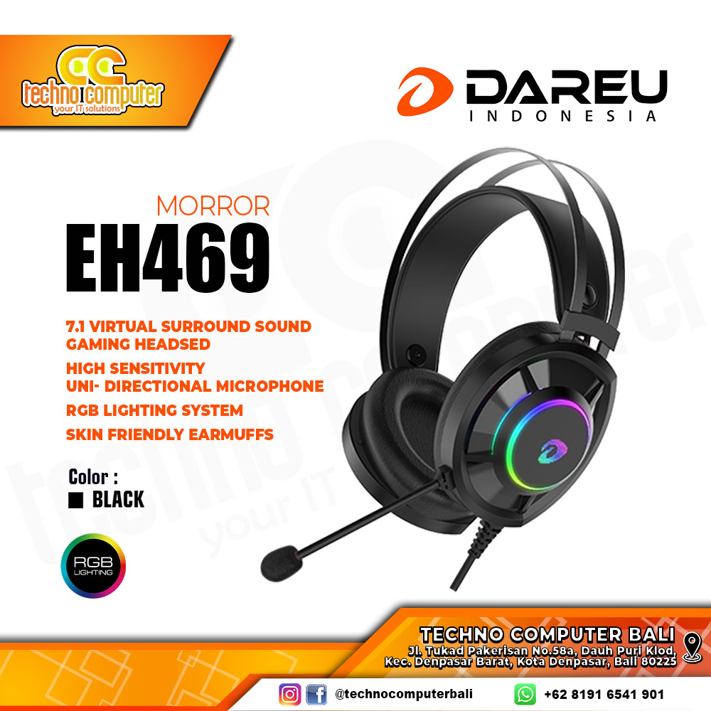HEADSET DAREU MIRROR EH469 RGB Black - 7.1 Virtual Surround Sound - Gaming Headset