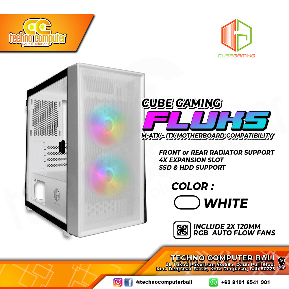 CASING CUBE GAMING FLUKS White - Mid Tower mATX Case Tempered Glass (Free 2x RGB Fan)