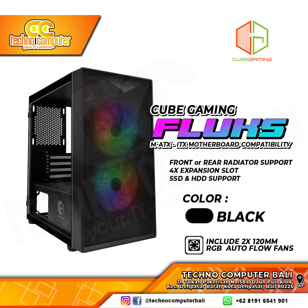 CASING CUBE GAMING FLUKS Black - Mid Tower mATX Case Tempered Glass (Free 2x RGB Fan)