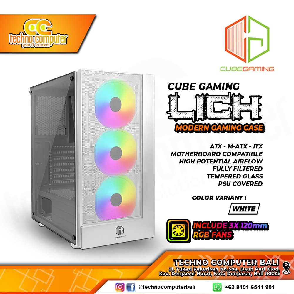 CASING CUBE GAMING LICH White - Mid Tower ATX Case Tempered Glass (Free 3x RGB Fan)
