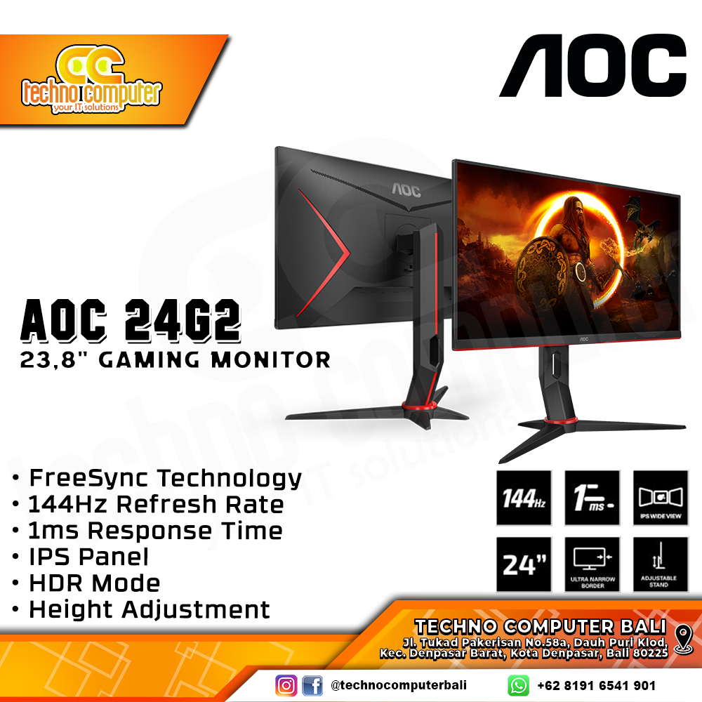 AOC 24G2 Gaming Monitor - 24 inch, FHD (1920 x 1080), IPS, 144Hz, 1ms, FreeSync