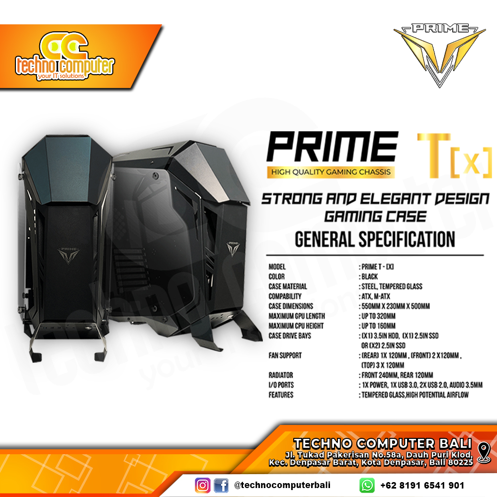 CASING PRIME GAMING T-[X] Black - Mid Tower ATX Case Tempered Glass