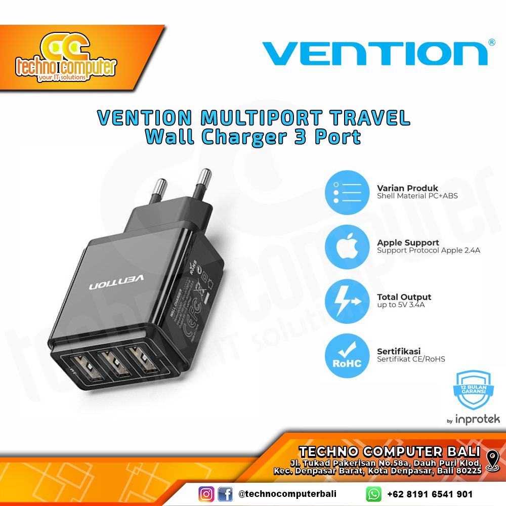 VENTION ADAPTOR CHARGER USB Multiport USB-A for Apple 2.1A 5V - DC5307 BLACK
