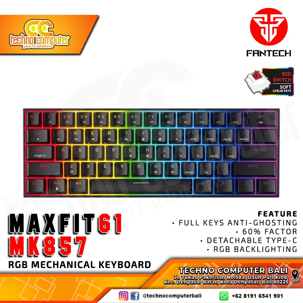 FANTECH MAXFIT61 MK857 60% Black - Mechanical Red Switch - Gaming Keyboard