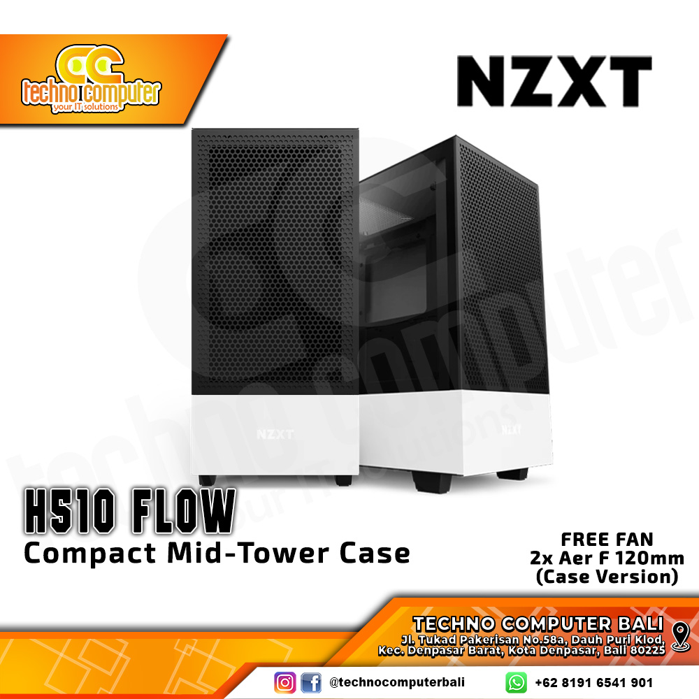CASING NZXT H510 FLOW Matte White - Mid Tower ATX Case Tempered Glass (Free 2x Fan)