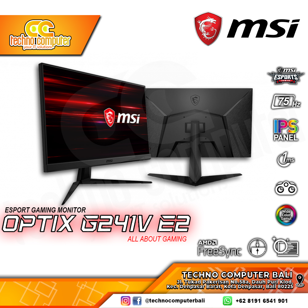MSI OPTIX G241V E2 Gaming Monitor - 24 inch, FHD (1920 x 1080), IPS, 75Hz, 1ms, FreeSync