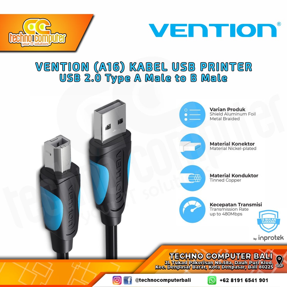 VENTION USB PRINTER - USB 2.0 Type A Male to B Male Printer - A16 5M