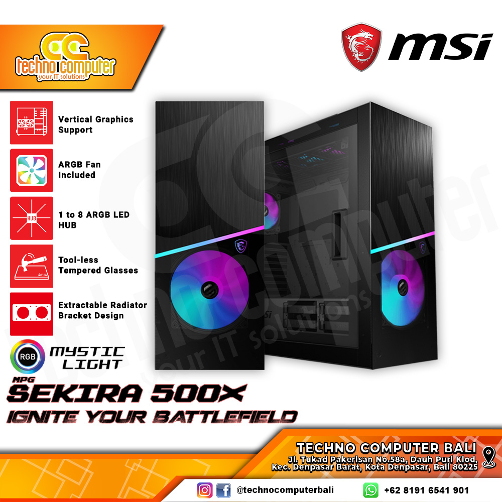 CASING MSI MPG SEKIRA 500X - Mid Tower E-ATX Case Tempered Glass (Free 5x ARGB Fan)