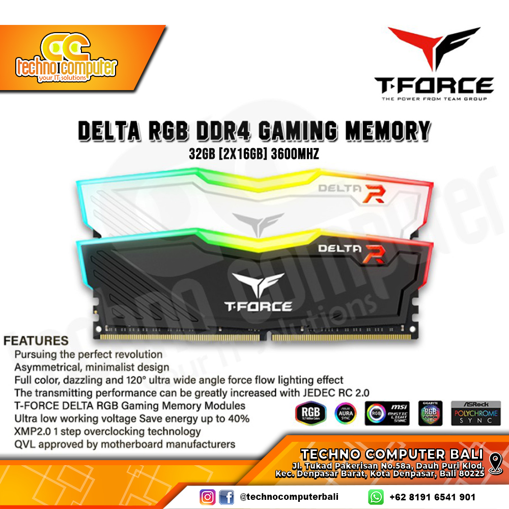 DDR4 TEAM T-FORCE DELTA RGB 32GB (2x16GB) Kit 3600Mhz - WHITE