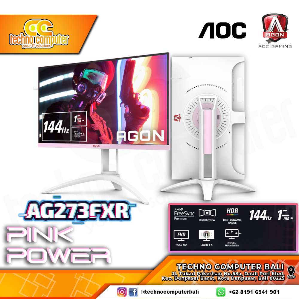 AOC AGON AG273FXR Pink Gaming Monitor - 27 inch, FHD (1920 x 1080), IPS, HDR10, 144Hz, 1ms, FreeSync