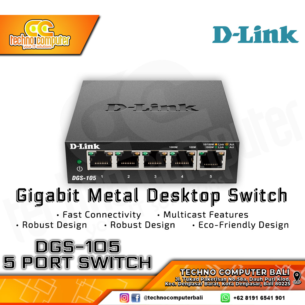 SWITCH HUB D-LINK DGS-105GL-5 Port Gigabit 10/100/1000Mbps Unmanaged Switch Metal Case