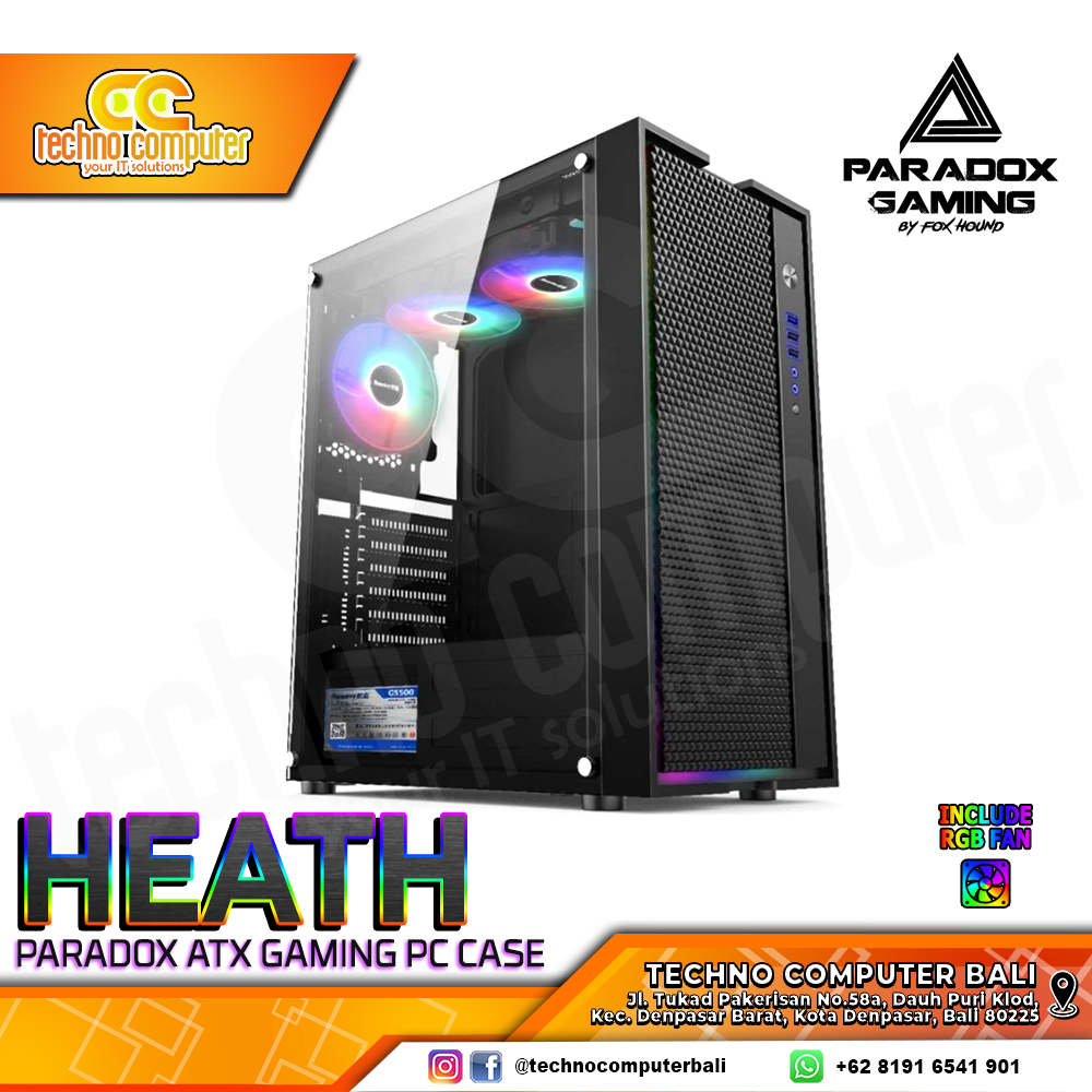 CASING PARADOX GAMING HEATH - Mid Tower ATX Case Tempered Glass (Free 1x Fan)