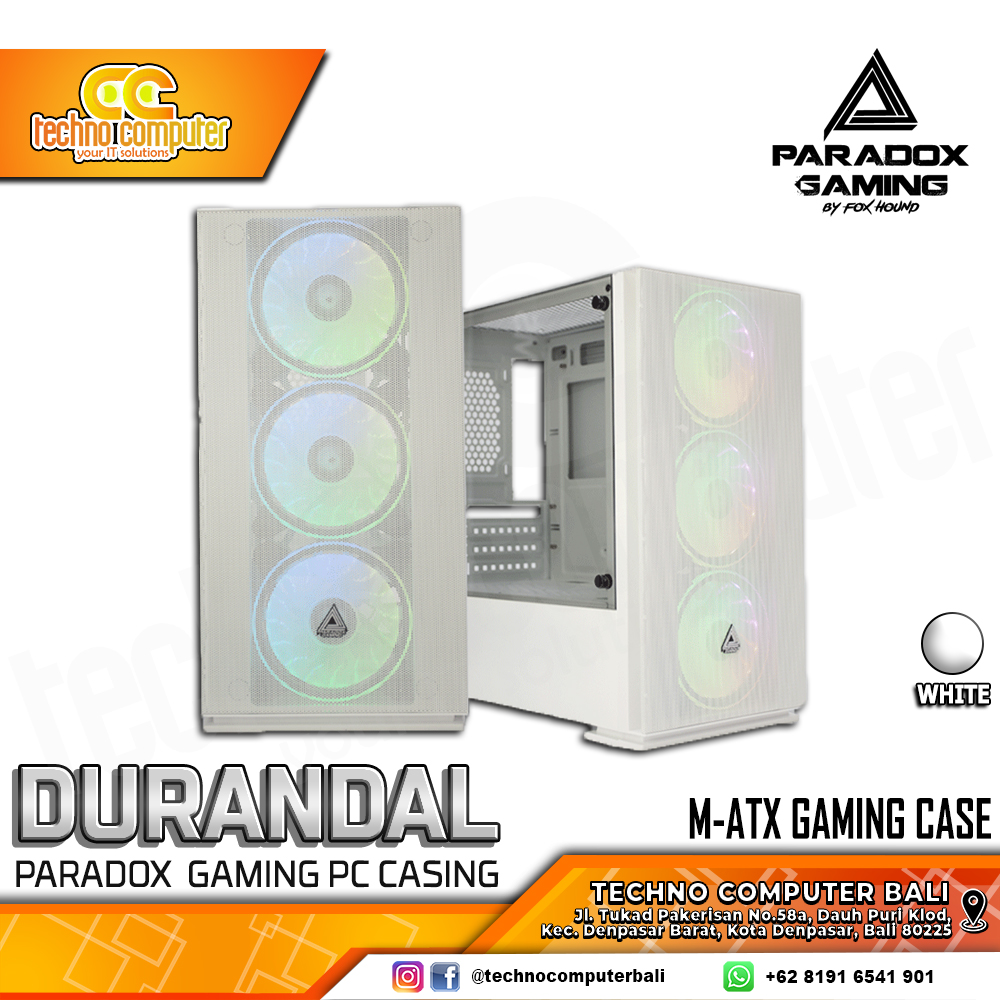 CASING PARADOX GAMING DURANDAL White - Mid Tower mATX Case Tempered Glass (Free 3x RGB Fan)
