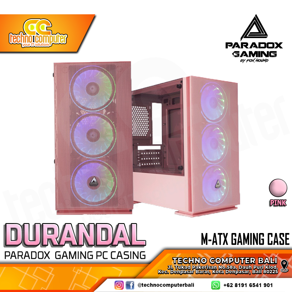 CASING PARADOX GAMING DURANDAL Pink - Mid Tower mATX Case Tempered Glass (Free 3x RGB Fan)