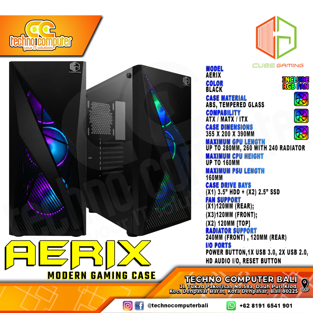 CASING CUBE GAMING AERIX - Mid Tower ATX Case Tempered Glass (Free 3x Rainbow RGB Fan)