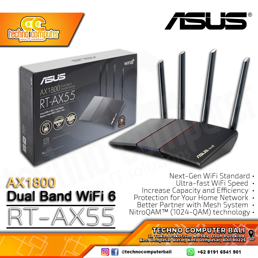 ROUTER ASUS RT-AX55 AX1800 Dual Band WiFi 6 Gigabit Wireless Router