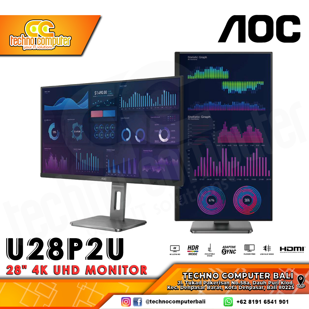 AOC U28P2U/BS Led Monitor - 28 Inch, 4K UHD (3840 x 2160), IPS, 60Hz, 4ms