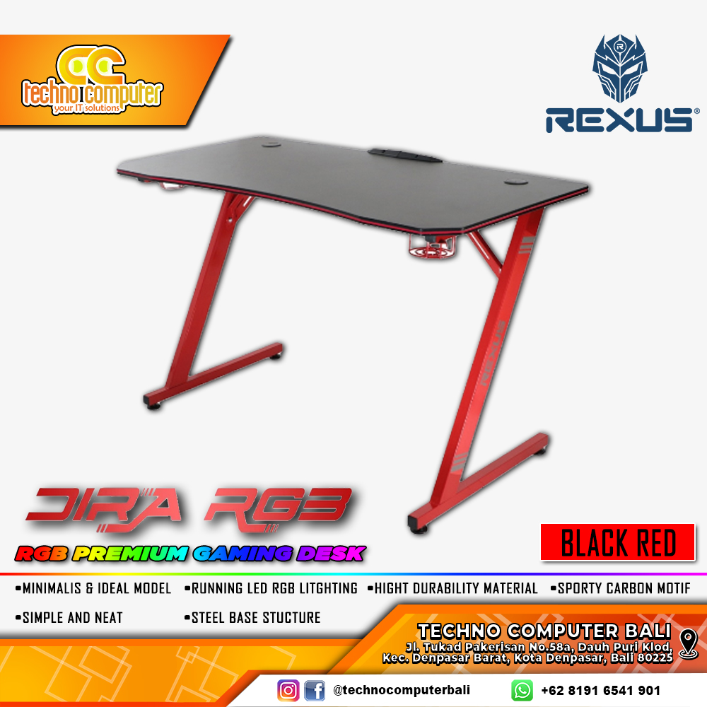 MEJA GAMING REXUS DIRA RXD-120 RGB GAMING DESK With Headphone Hook & Cup Holder - BLACK/RED