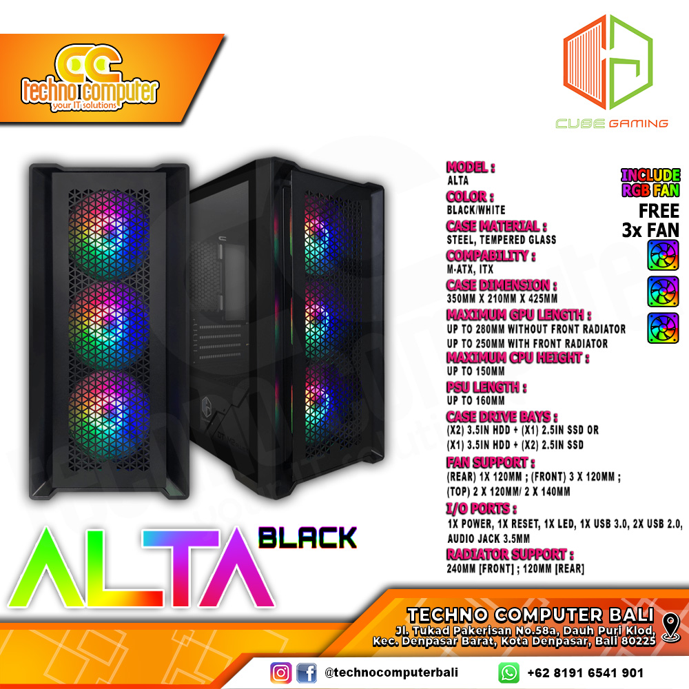 CASING CUBE GAMING ALTA Black - Mid Tower mATX Case Tempered Glass (Free 3x RGB Fan)