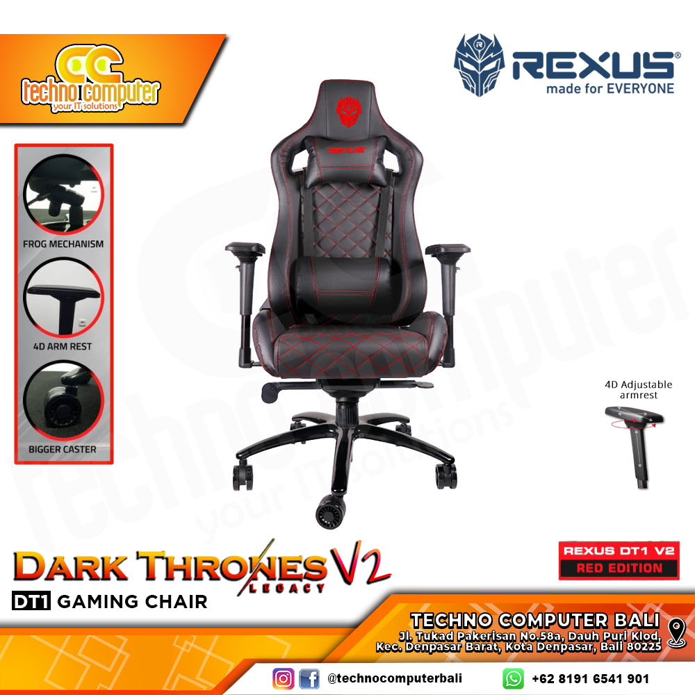 KURSI GAMING REXUS DT1 v2 DARK THRONES GAMING CHAIR 4D Armrest - BLACK/RED