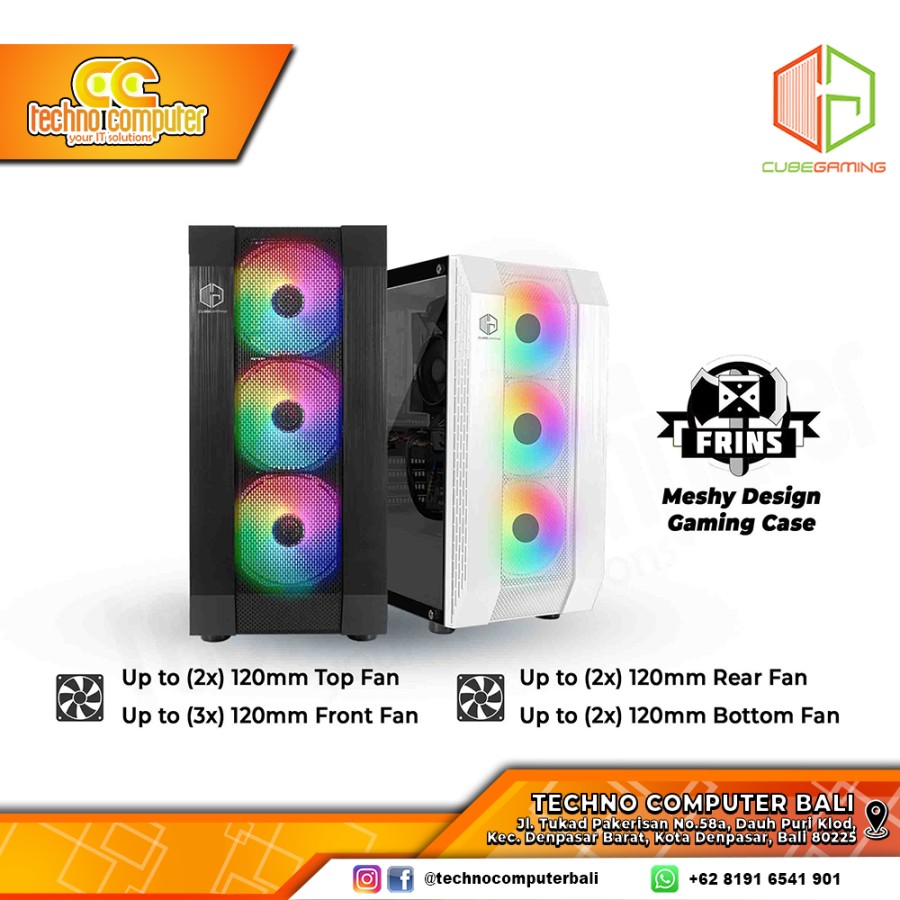 CASING CUBE GAMING FRINS Black - Mid Tower ATX Case Tempered Glass (Free 3x RGB Fan)