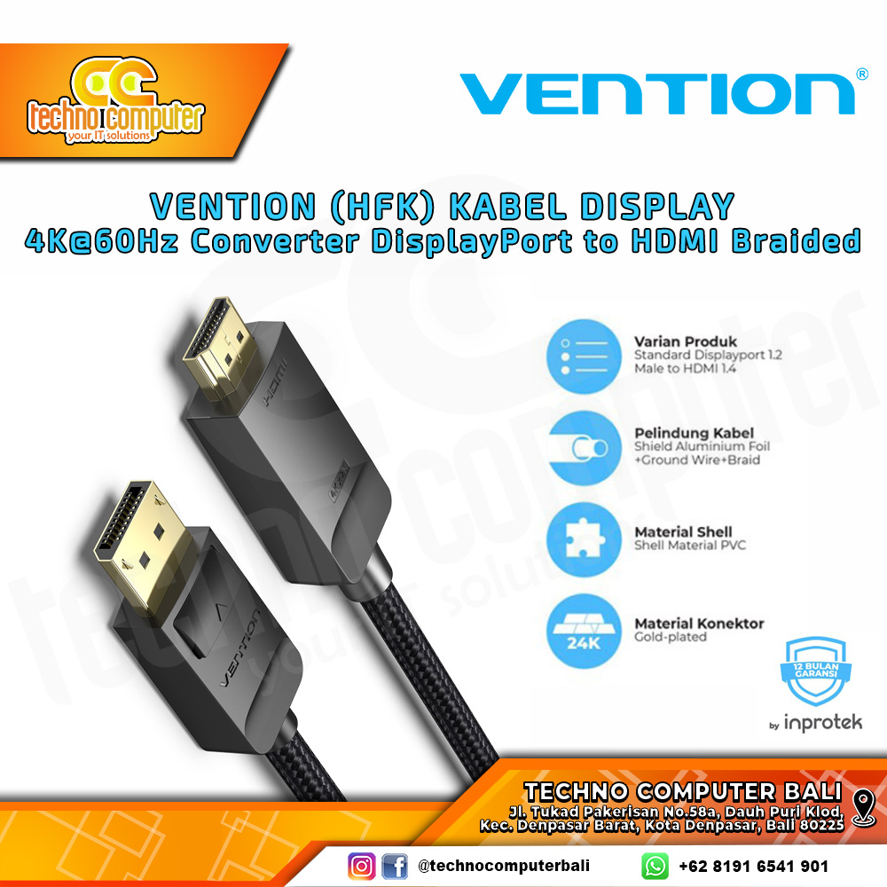 VENTION KABEL DISPLAY - Kabel DisplayPort - DisplayPort to HDMI Braided 4K 60Hz - HFK 5M