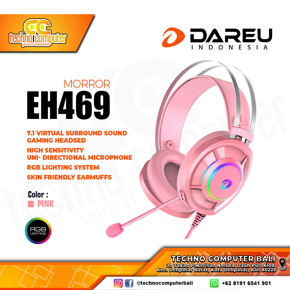 HEADSET DAREU MIRROR EH469 RGB Pink - 7.1 Virtual Surround Sound - Gaming Headset