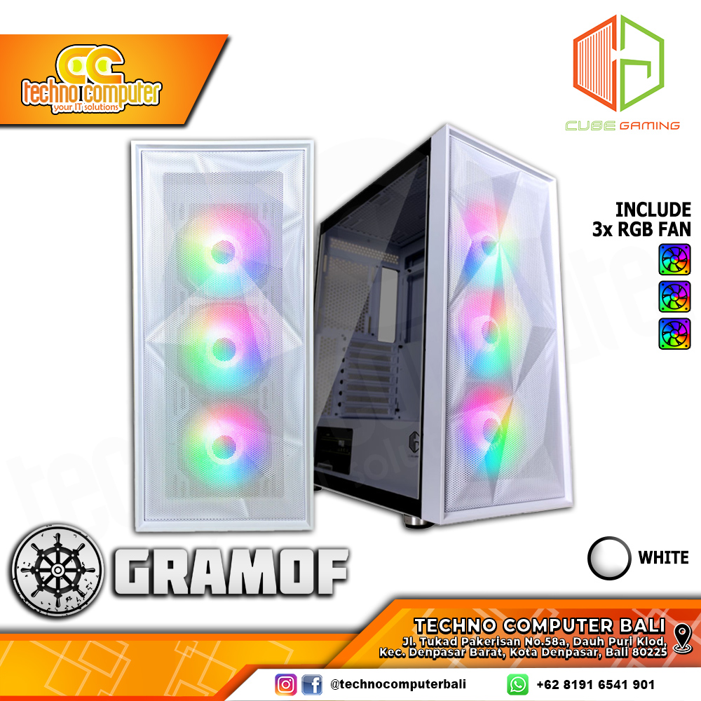 CASING CUBE GAMING GRAMOF White - Mid Tower ATX Case Tempered Glass (Free 3x RGB Fan)