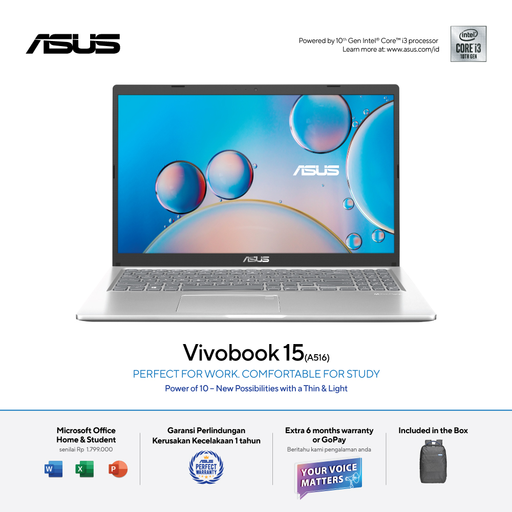 ASUS VivoBook 15 [A516JA-HD3122] Core i3-1005G1/RAM 4GB/HDD 1TB+SSD 256GB/Intel UHD/Win10