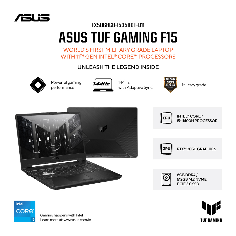 ASUS TUF Gaming F15 [FX506HCB-I535B6T-O11] Core i5-11400H/RAM 8GB/SSD 512GB/RTX 3050/Win10