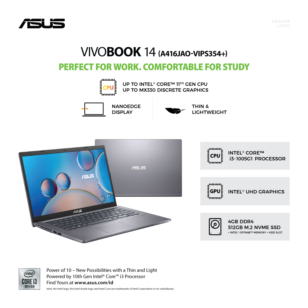 ASUS VivoBook 14 [A416JAO-VIPS354+] Core i3-1005G1/RAM 4GB/SSD 512GB/Intel UHD/Win10