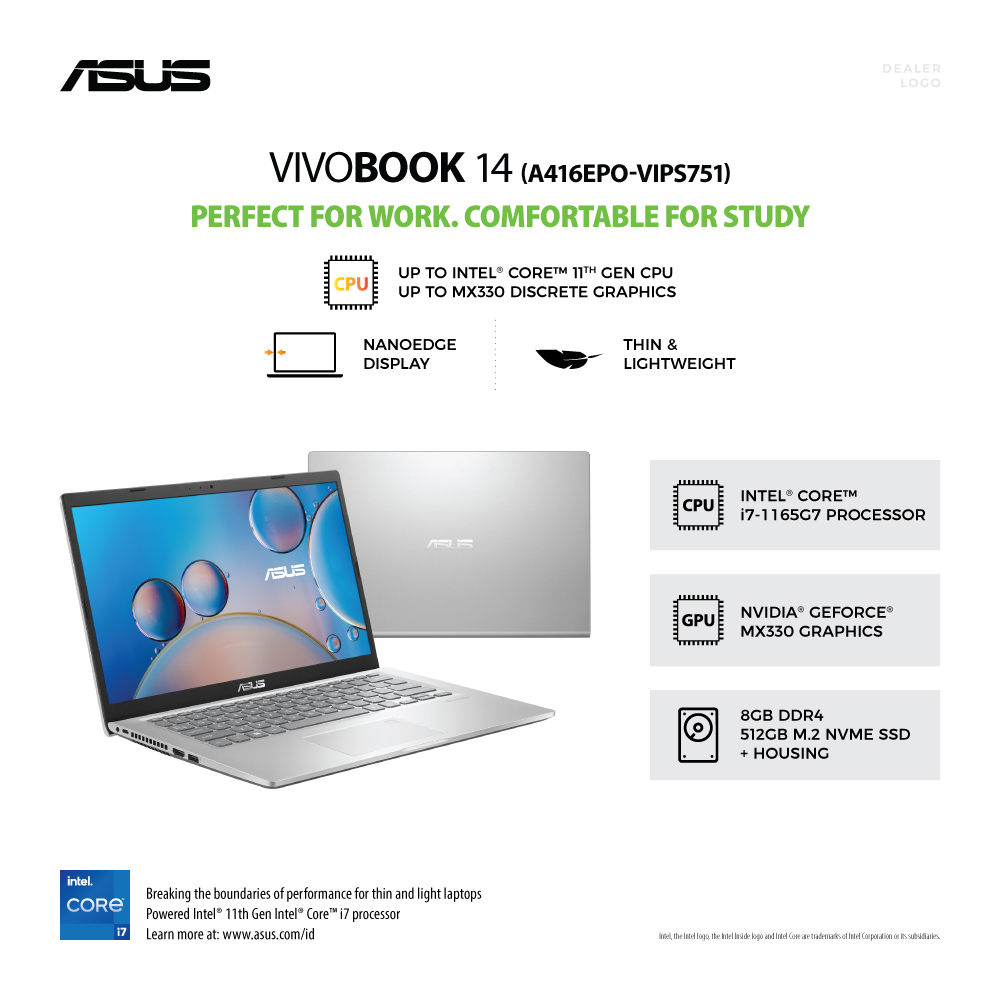 ASUS VivoBook 14 [A416EPO-VIPS751] Core i7-1165G7/RAM 8GB/SSD 512GB/MX330/Win10