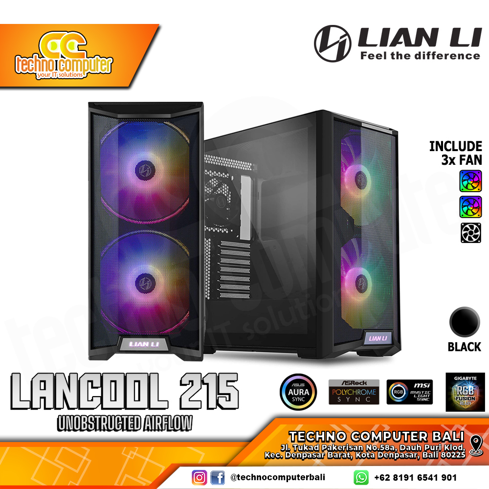 CASING LIAN LI LANCOOL 215 Black - Mid Tower E-ATX Case Tempered Glass (Free 2x ARGB Fan)