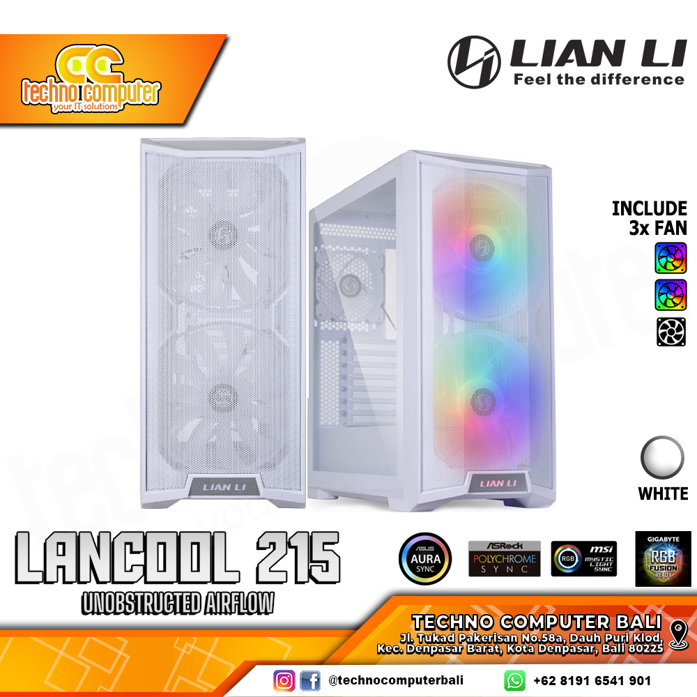 CASING LIAN LI LANCOOL 215 White - Mid Tower E-ATX Case Tempered Glass (Free 2x ARGB Fan)