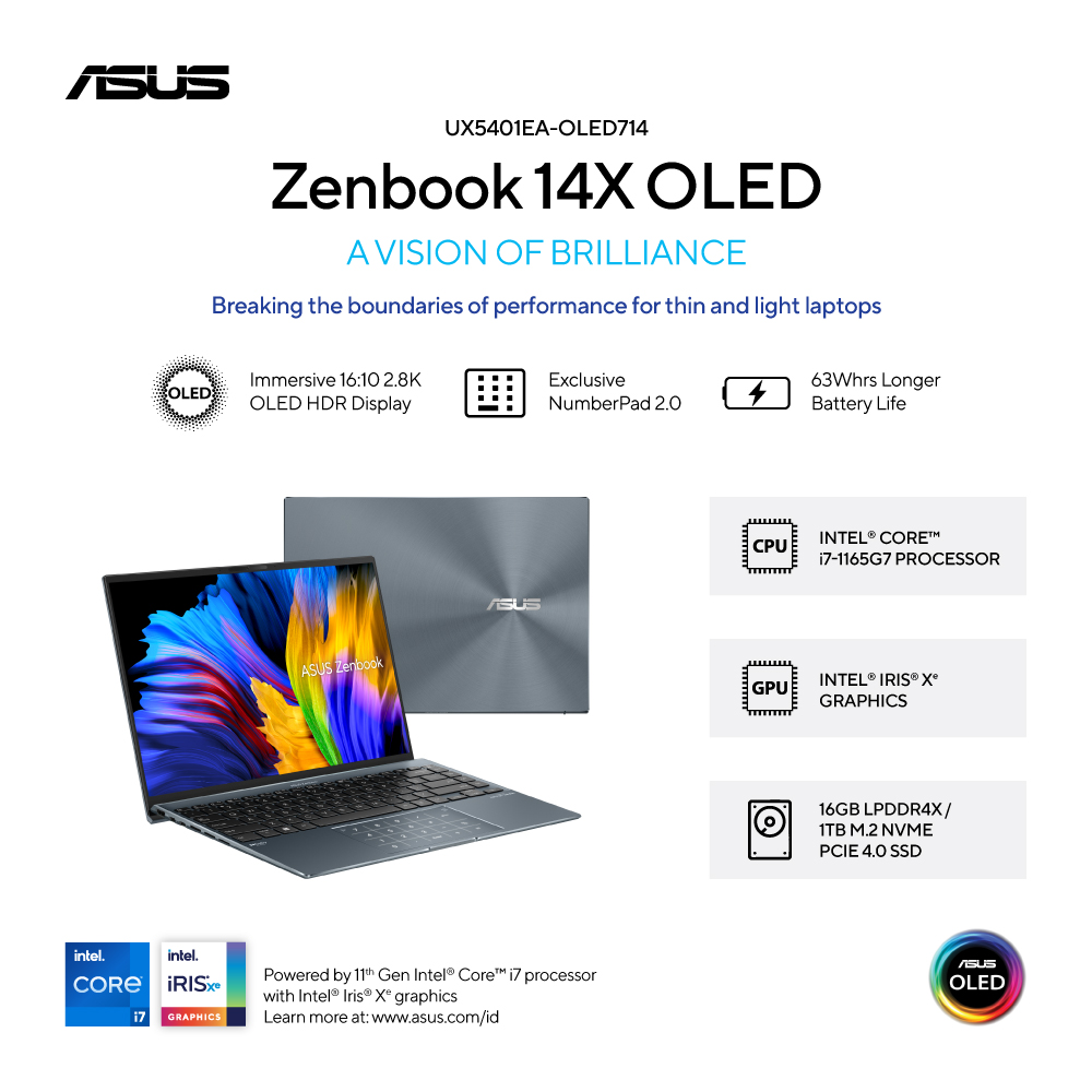 ASUS ZenBook 14X OLED [UX5401EA-OLED714] Core i7-1165G7/RAM 16GB/SSD 1TB/Intel Iris Xe/Win11