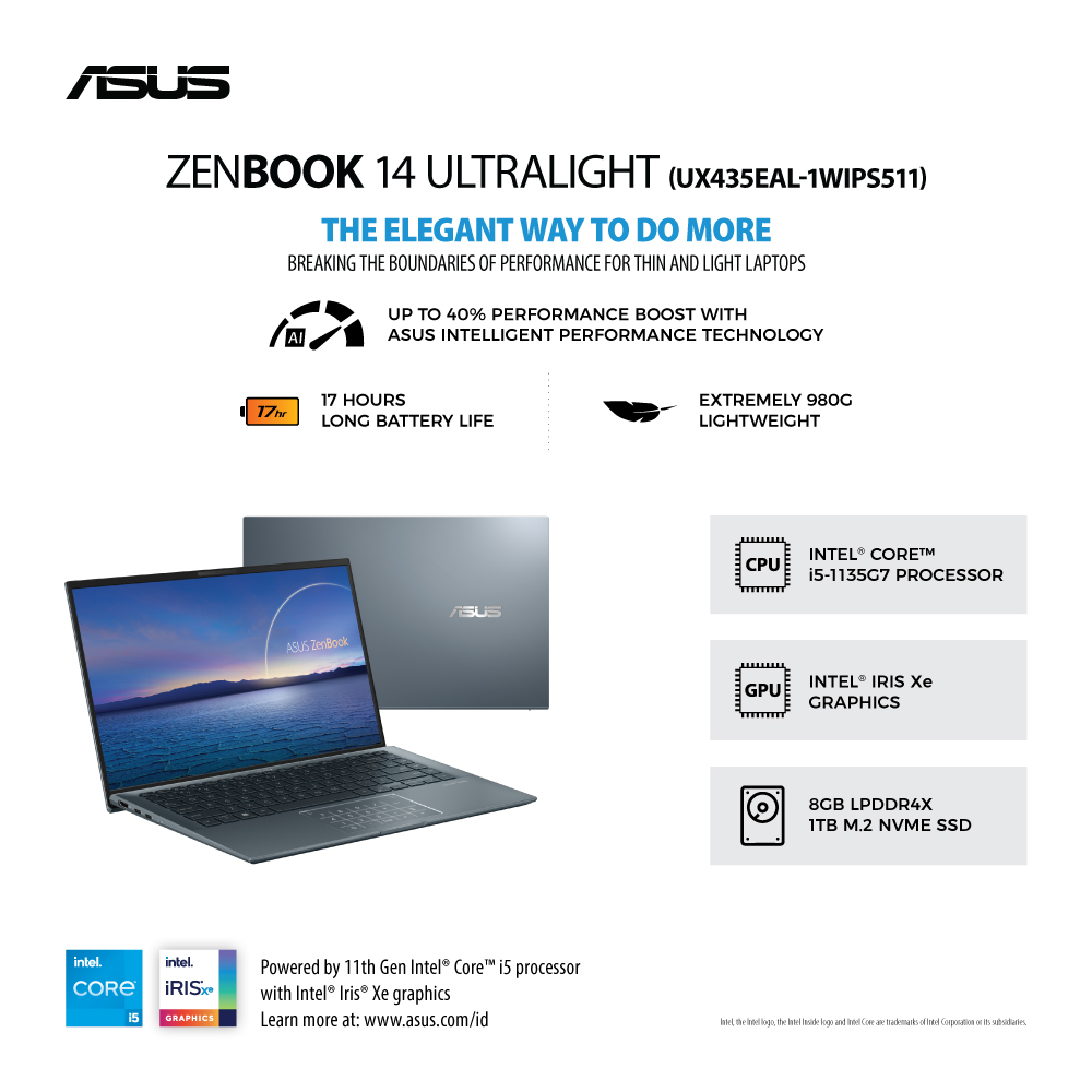 ASUS ZenBook 14 Ultralight [UX435EAL-1WIPS711] Core i7-1165G7/RAM 16GB/SSD 1TB/Intel Iris Xe/Win10