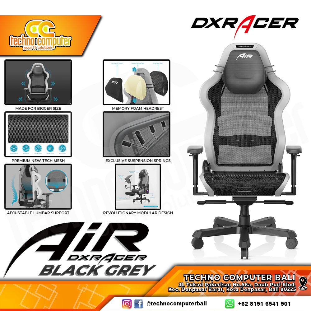 KURSI GAMING DXRacer Air Mesh Gaming Chair Modular Design Ultra-Breathable - BLACK/GREY