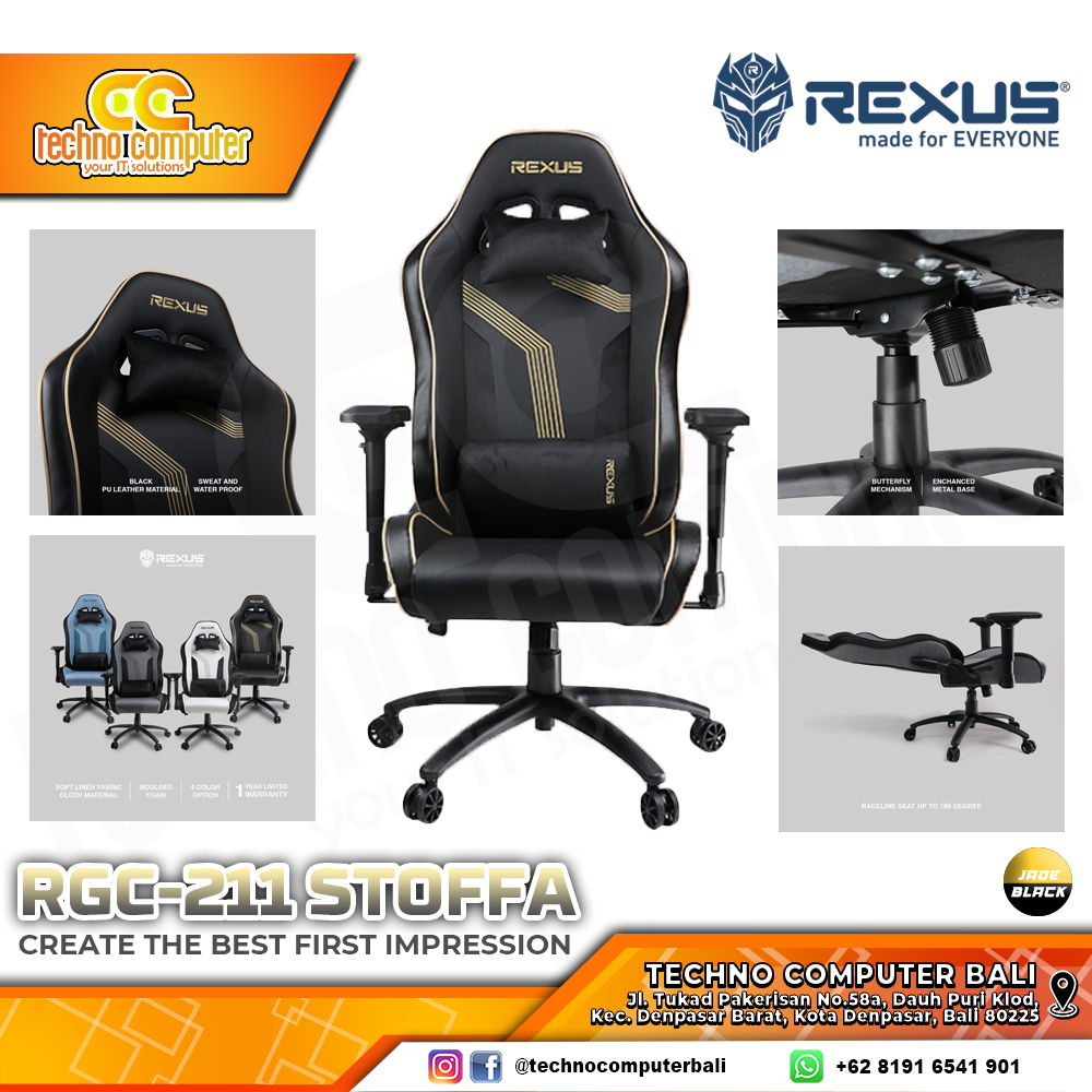 KURSI GAMING REXUS RGC-211 STOFFA GAMING CHAIR 4D Armrest - JADE BLACK