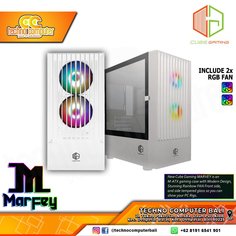 CASING CUBE GAMING MARFEY White - Mid Tower mATX Case Tempered Glass (Free 2x RGB Fan)