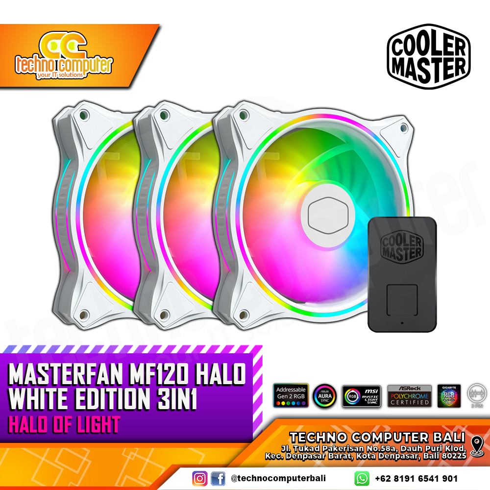 FAN CASING COOLERMASTER MASTERFAN MF120 HALO WHITE - 120mm Triple Pack ARGB Fan with Controller