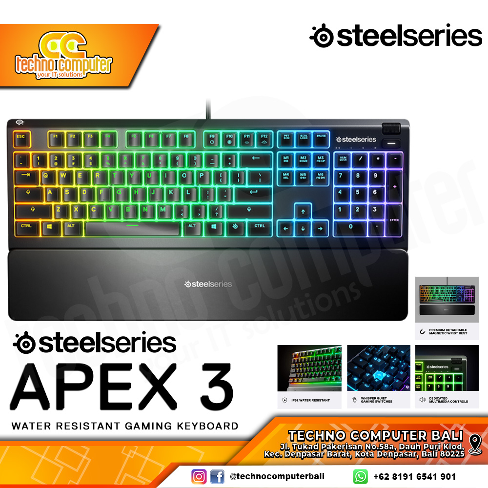 STEELSERIES APEX 3 - Mechanical Whisper-Quiet Switch - Gaming Keyboard