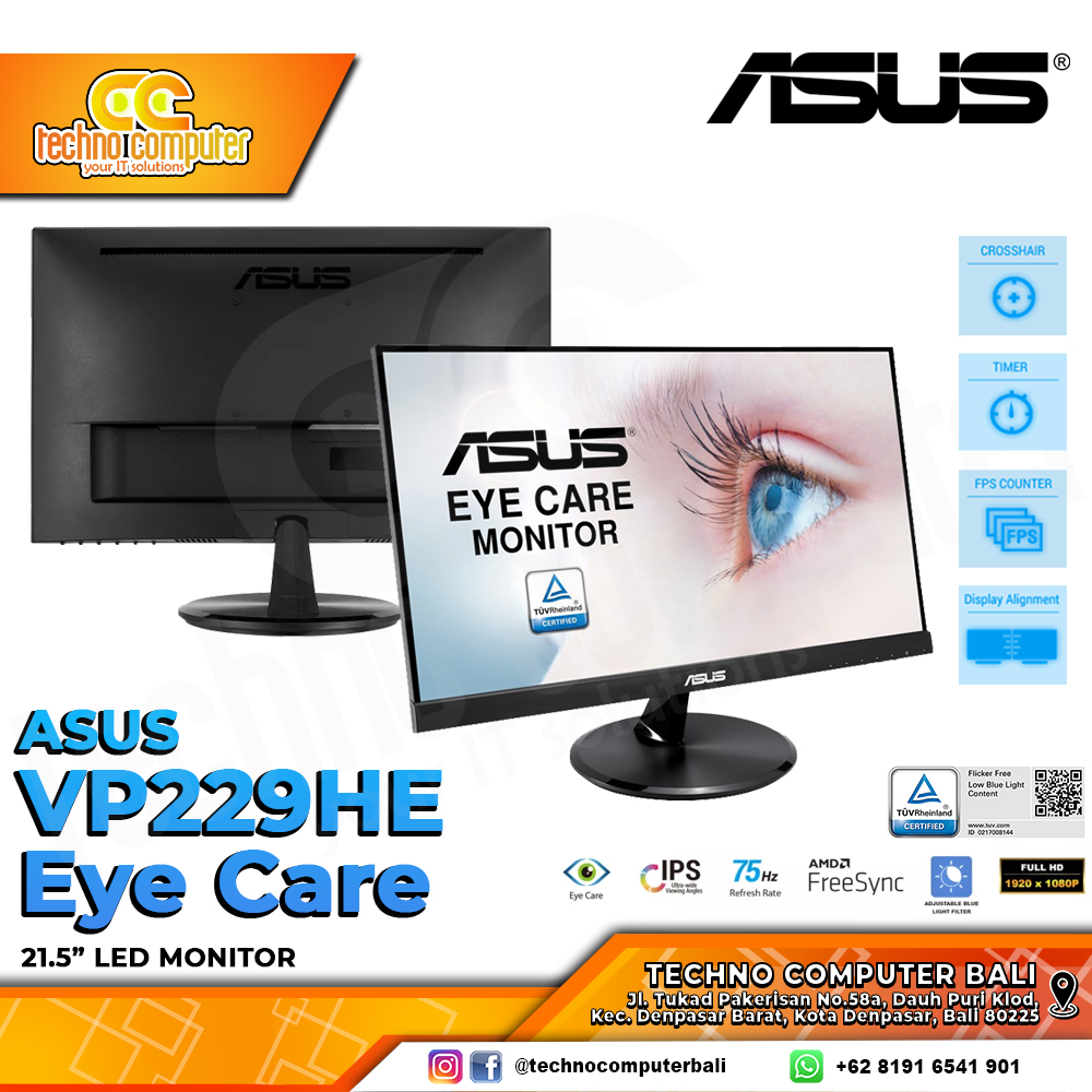 ASUS VP229HE LED Monitor - 22 inch, FHD (1920 x 1080), IPS, 75Hz, 5ms, FreeSync