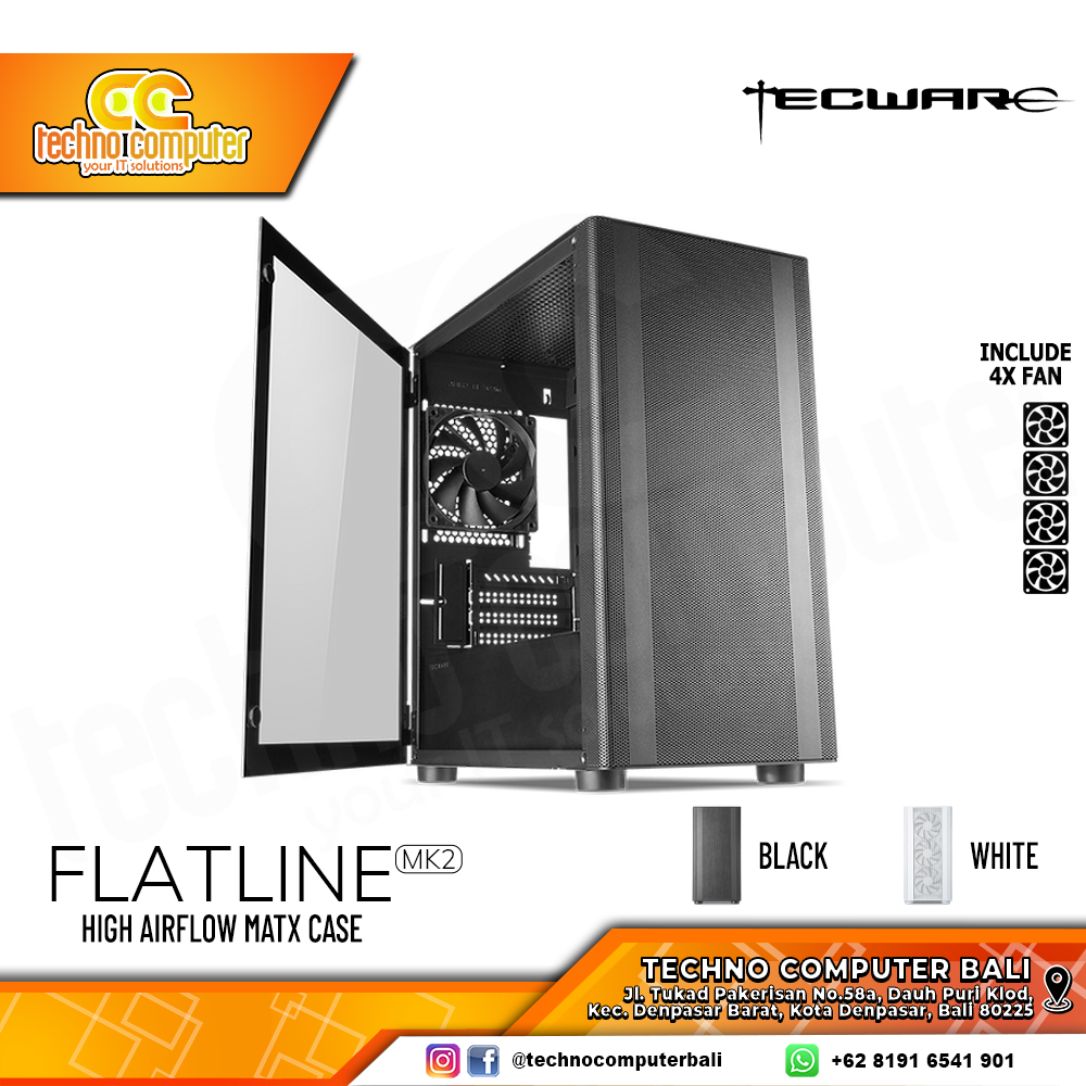 CASING TECWARE FLATLINE TG MK2 BLACK - Mini Tower mATX Case Tempered Glass (Free 4x Fan)