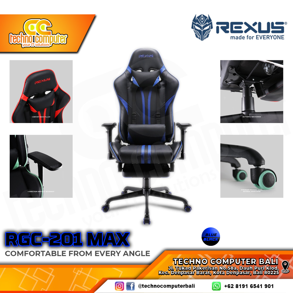 KURSI GAMING REXUS RGC-201 MAX GAMING CHAIR Footrest 4D Armrest - BLUE