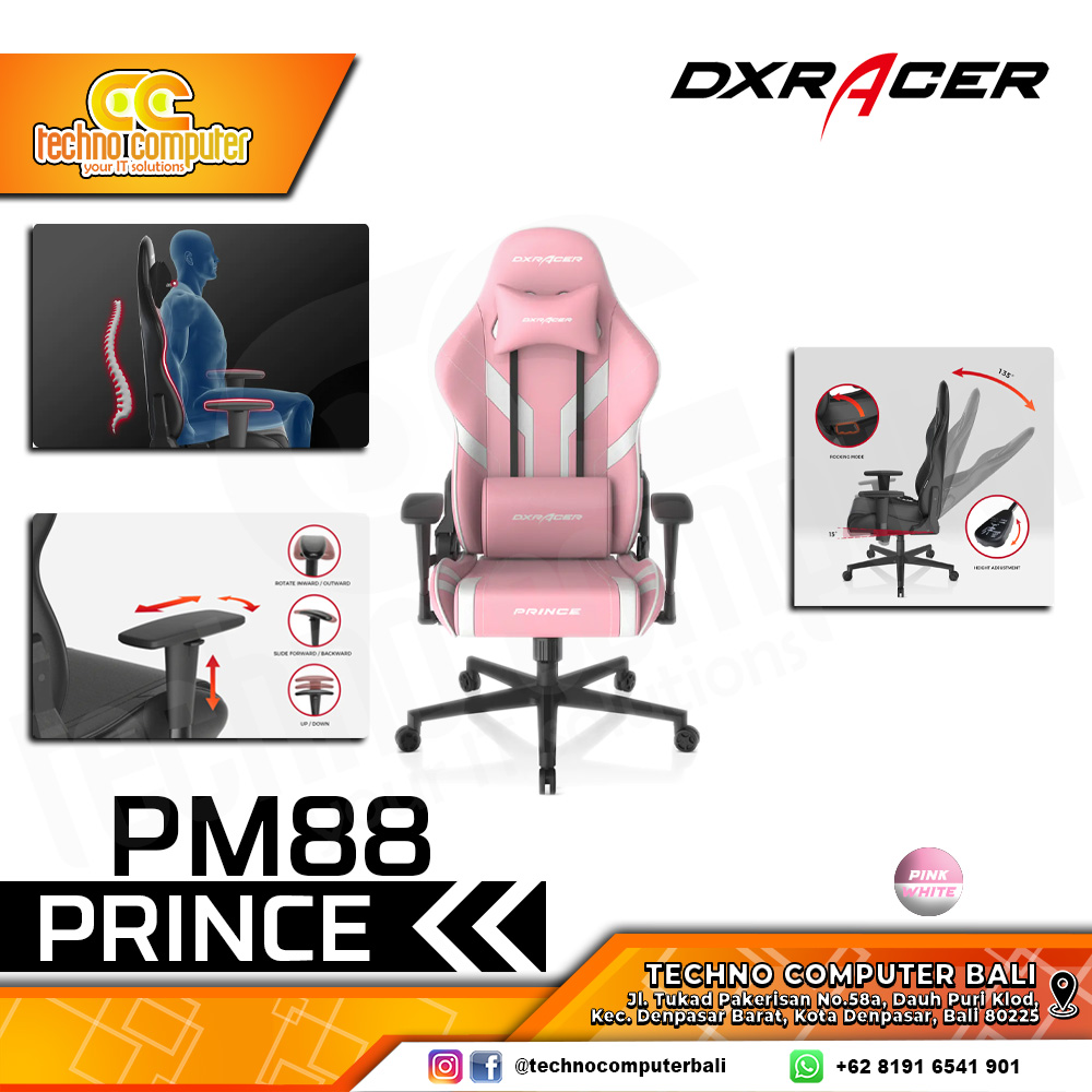 KURSI GAMING DXRACER PRINCE SERIES GAMING CHAIR 3D Armrest - PINK/WHITE